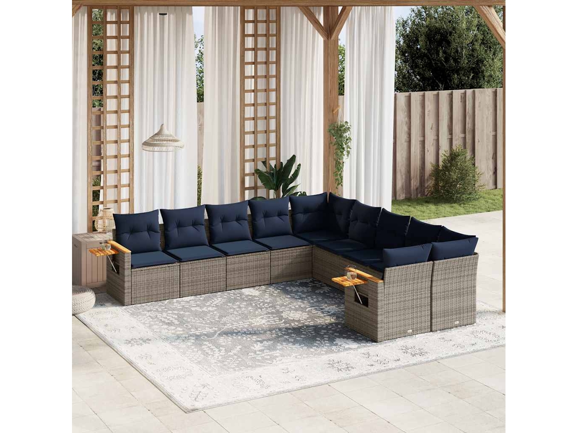 Vidaxl 10 Pcs Conjunto Sofás P/ Jardim C/ Almofadões Vime Pe Cinzento