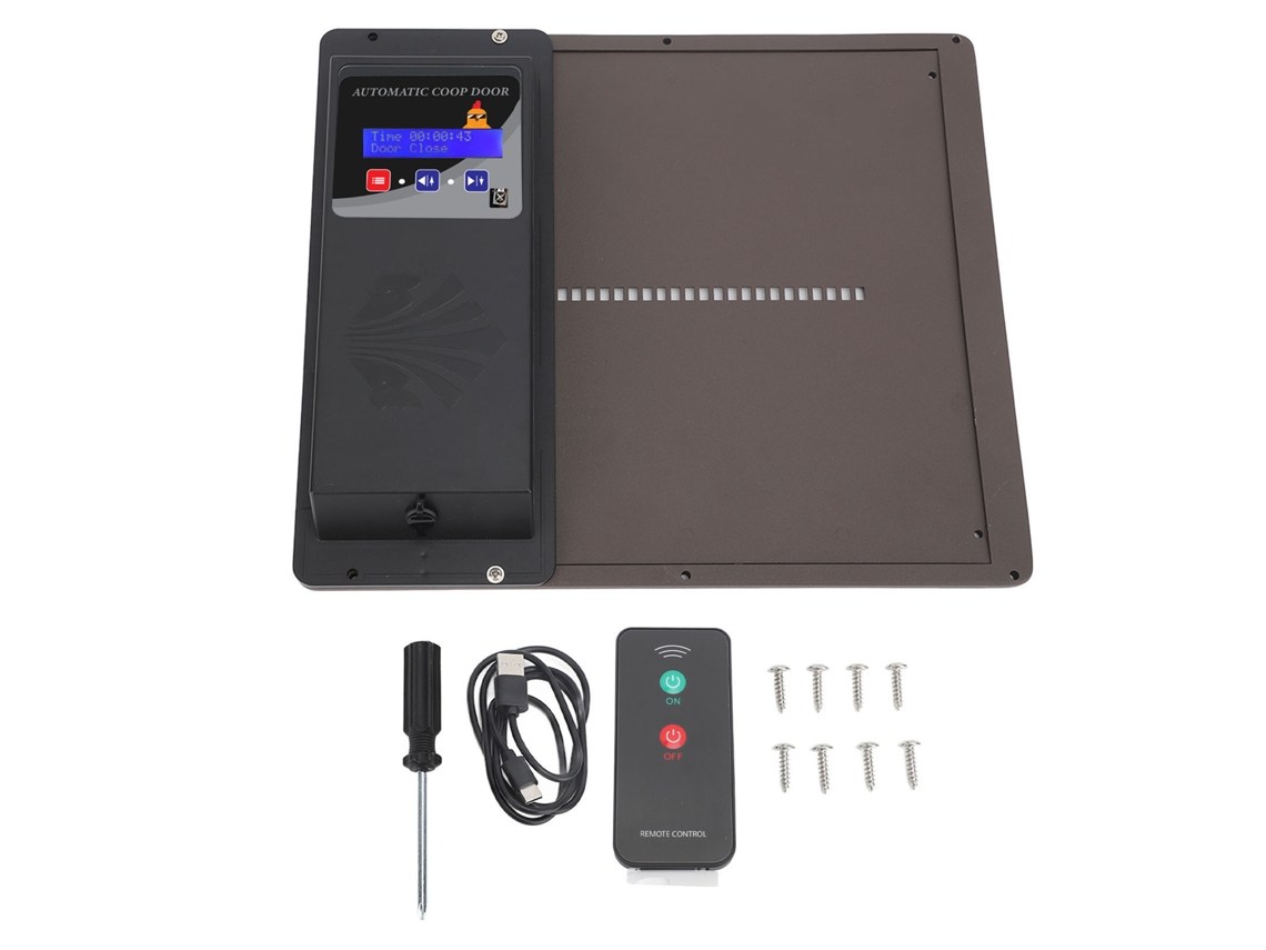 Porta automática para galinheiro com design horizontal, controlo remoto e sensor de luz LAXISCREED
