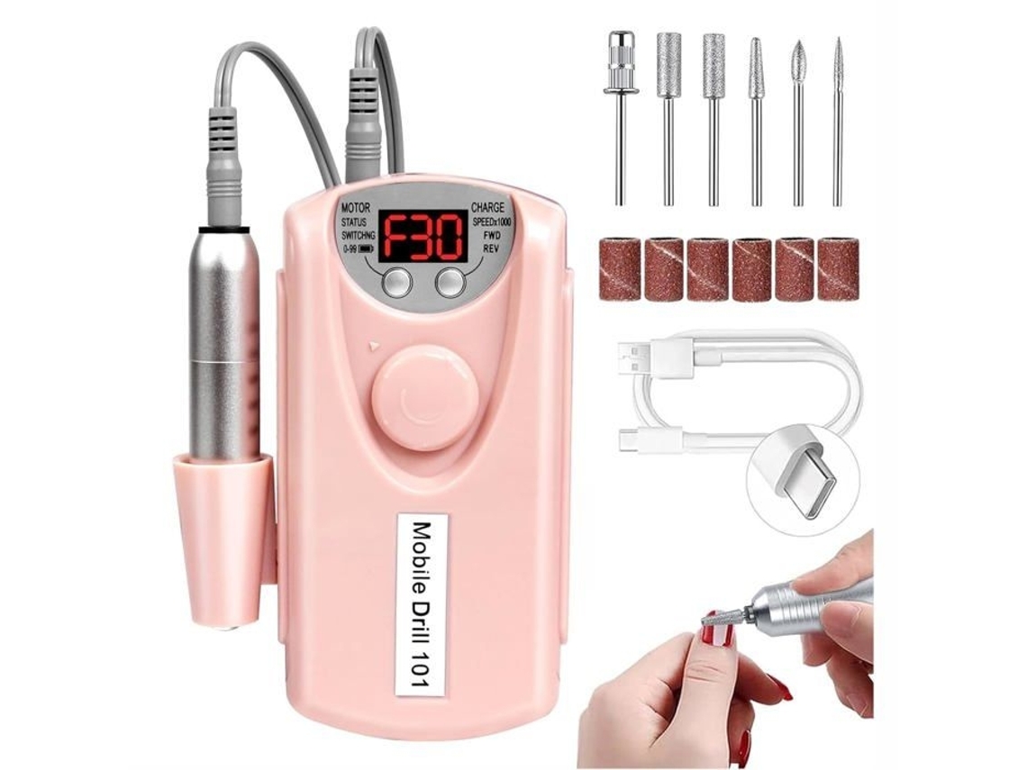 Lixa Elétrica Para Unhas, Recarregável, Com Visor Lcd, 30.000 Rpm, Velocidade Ajustável, Cor Rosa