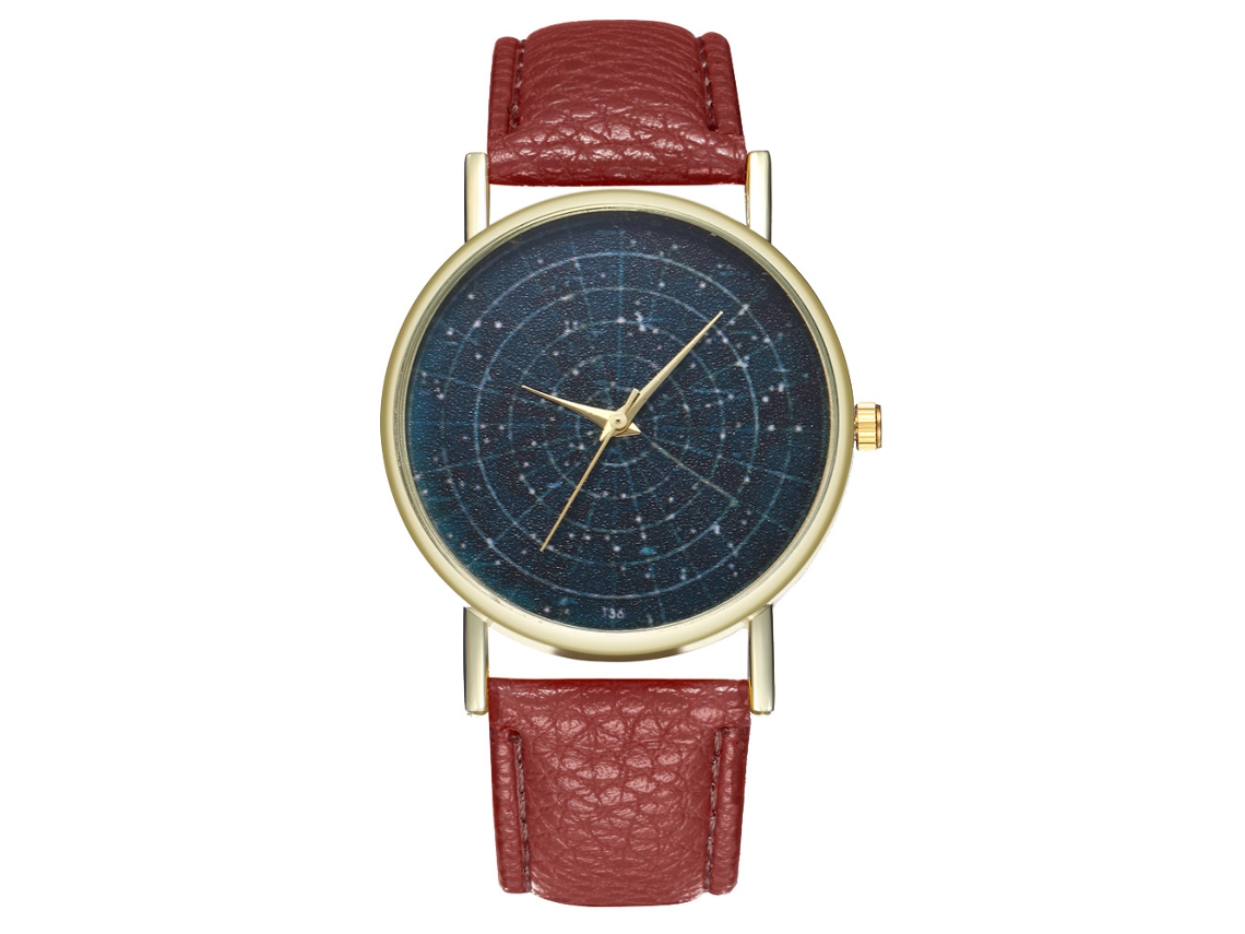 Relógio Masculino de Quartzo com Mostrador Céu Estrelado e Pulseira de Couro Café