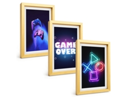 Composição De Quadrosgame Over, Controles De Jogo Moldura Dourada Imagens Para Um Quarto Infantil Espelharte (3 Peças 20x30 Cm)