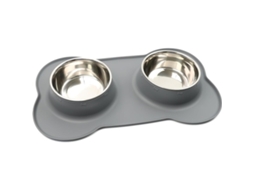 Tigela Dupla para Comida e Água com Tapete de Silicone para Gatos, Cachorros e Cães de Pequeno Porte, Cinza AQUAFORGE