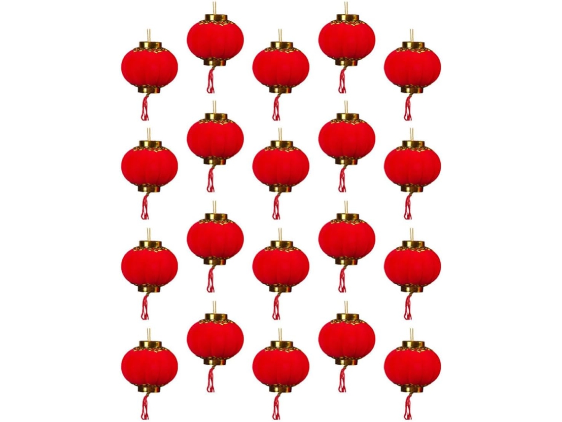 Conjunto 20 Lanternas Chinesas Vermelhas Tecido Floculado 3d Decoração Fácil Montar Festival Primavera GOKOCO