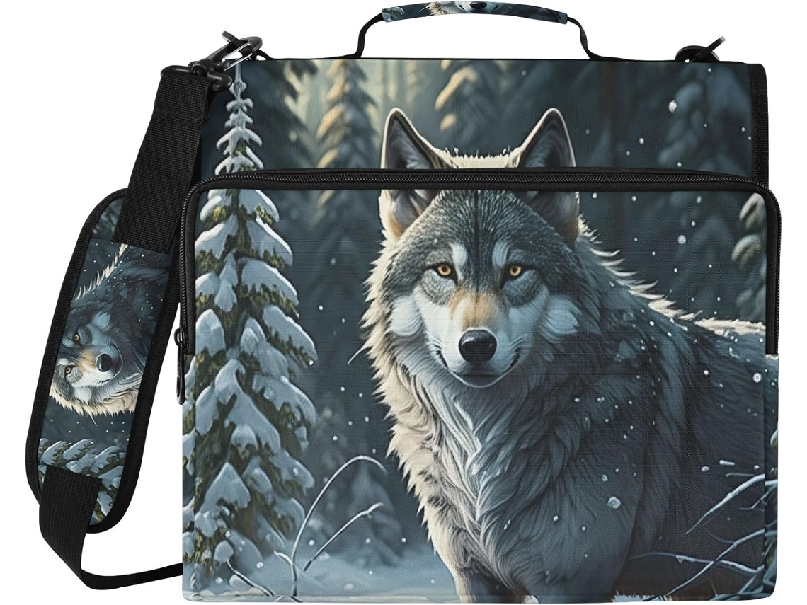 Organizador De Fichário Com Estampa Lobo Inverno, Com Compartimento Laptop, 3 Argolas, Ideal Escola E Trabalho