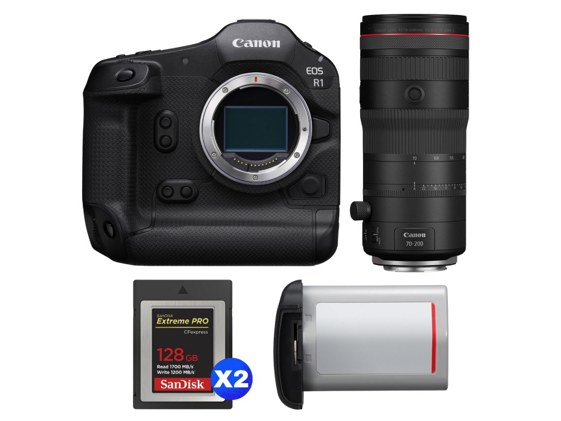Eos R1 + Rf 70 200mm F/2.8 L Is Usm Z Preto + 2 Sandisk 128gb Extreme Pro Cfexpress Type B + Canon Lp e19 + Ebook Pricedirect CANON