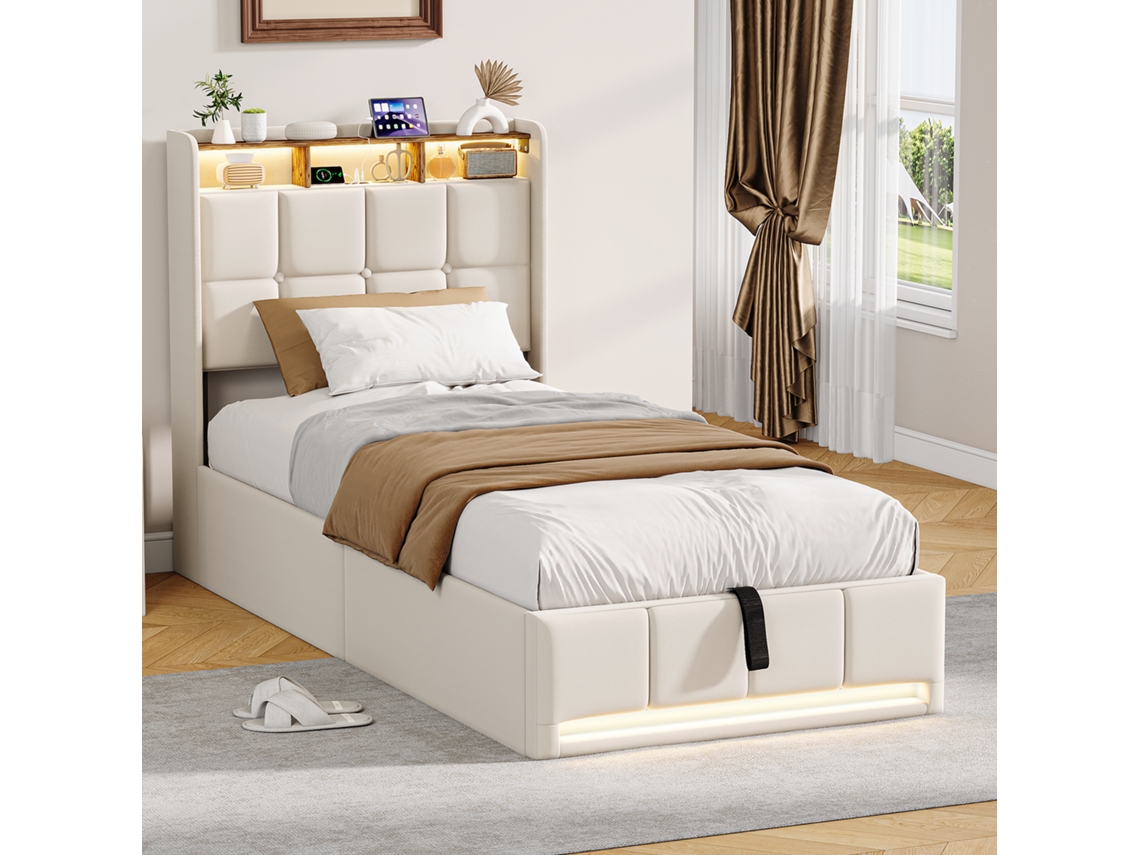 Cama De Solteiro 90x200cm Bege Com Arrumação Hidráulica Cabeceira Estofada Em Lino Luzes Led Rgb E Portas Usb/type-c - Design Moderno E Funcional