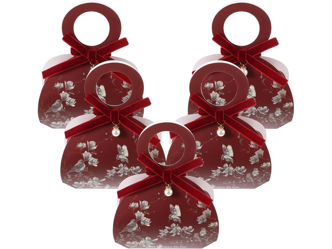 Conjunto De 5 Caixas Portáteis Para Doces Casamento, Caixas De Presente Papelão Com Estampa Floral Em Tom Vinho Tinto