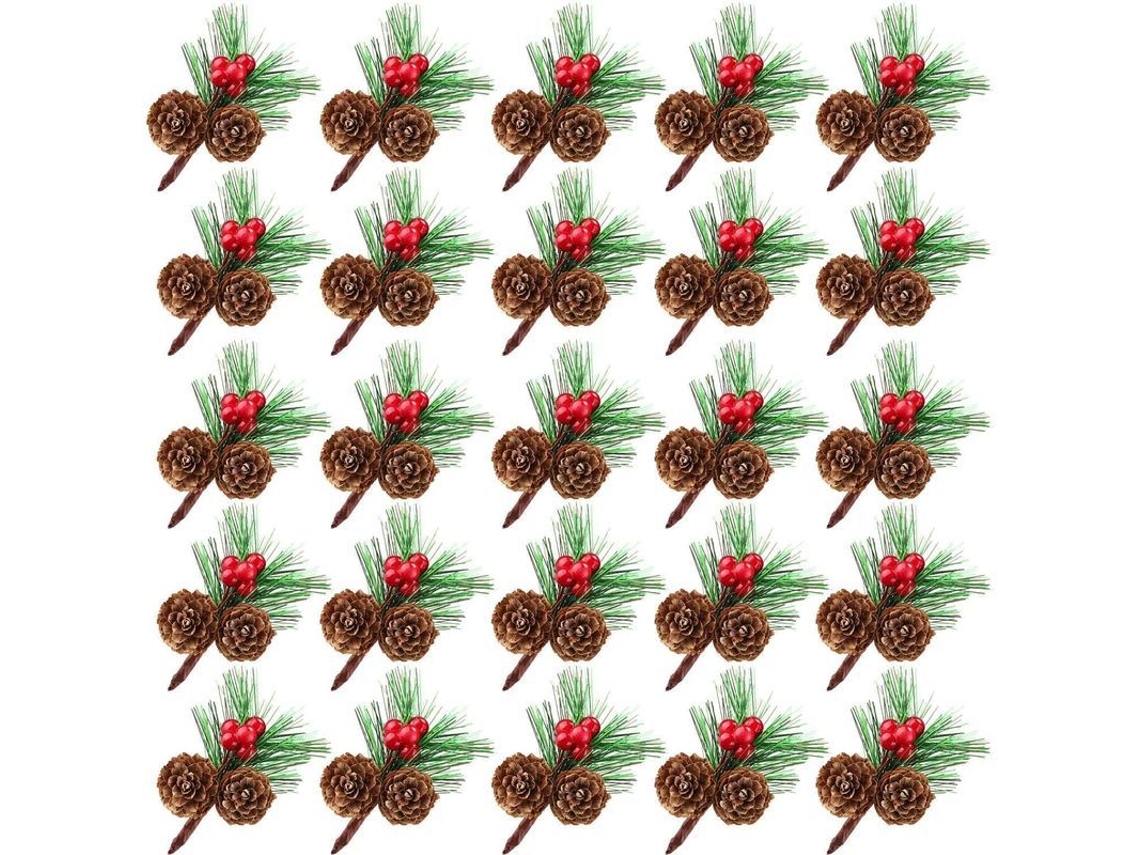 25 Mini Raminhos de Pinheiro Artificial com Bagas Vermelhas e Pinhas Naturais para Natal S/MARCA