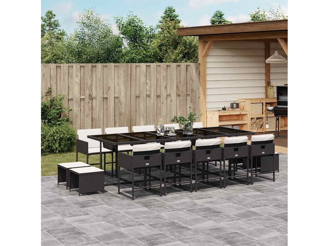 Vidaxl 15 Pcs Conjunto De Jantar P/jardim Com Almofadões Vime Pe Preto