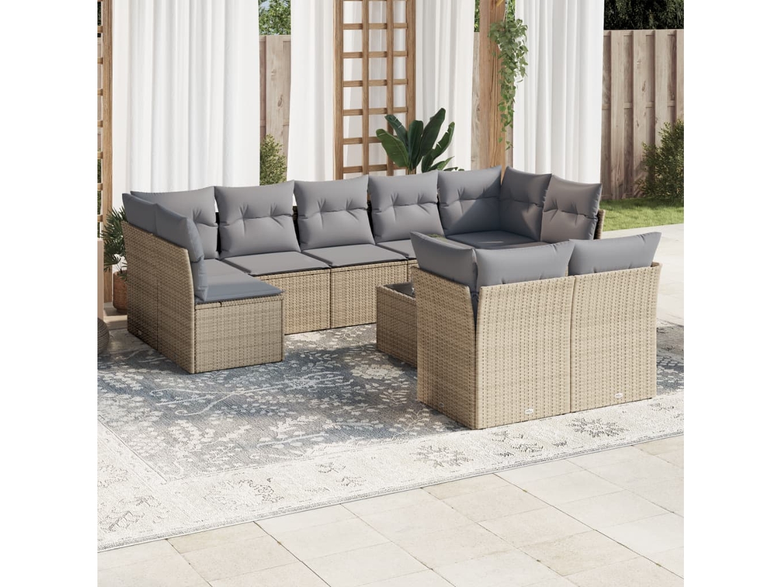 Vidaxl 10 Pcs Conjunto De Sofás P/ Jardim Com Almofadões Vime Pe Bege