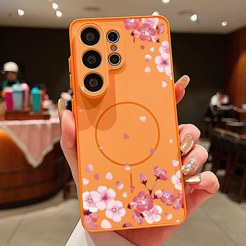 Capa Magnética Rígida Para Samsung Galaxy S23 (laranja), Com Estampa De Flores Pequenas.