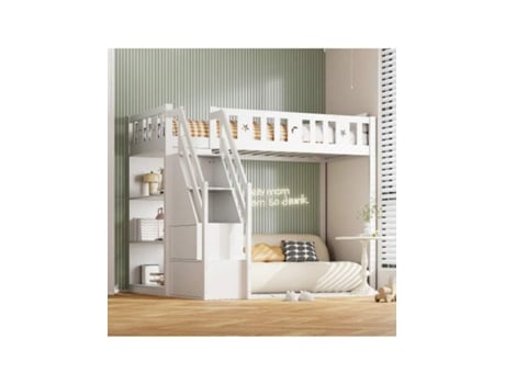 Cama Alta 90200 Cm, Com Escada De Armazenamento E Prateleiras, Cama De Solteiro De Madeira, Cama Juvenil, Cama Infantil, Estrutura De Madeira Maciça,