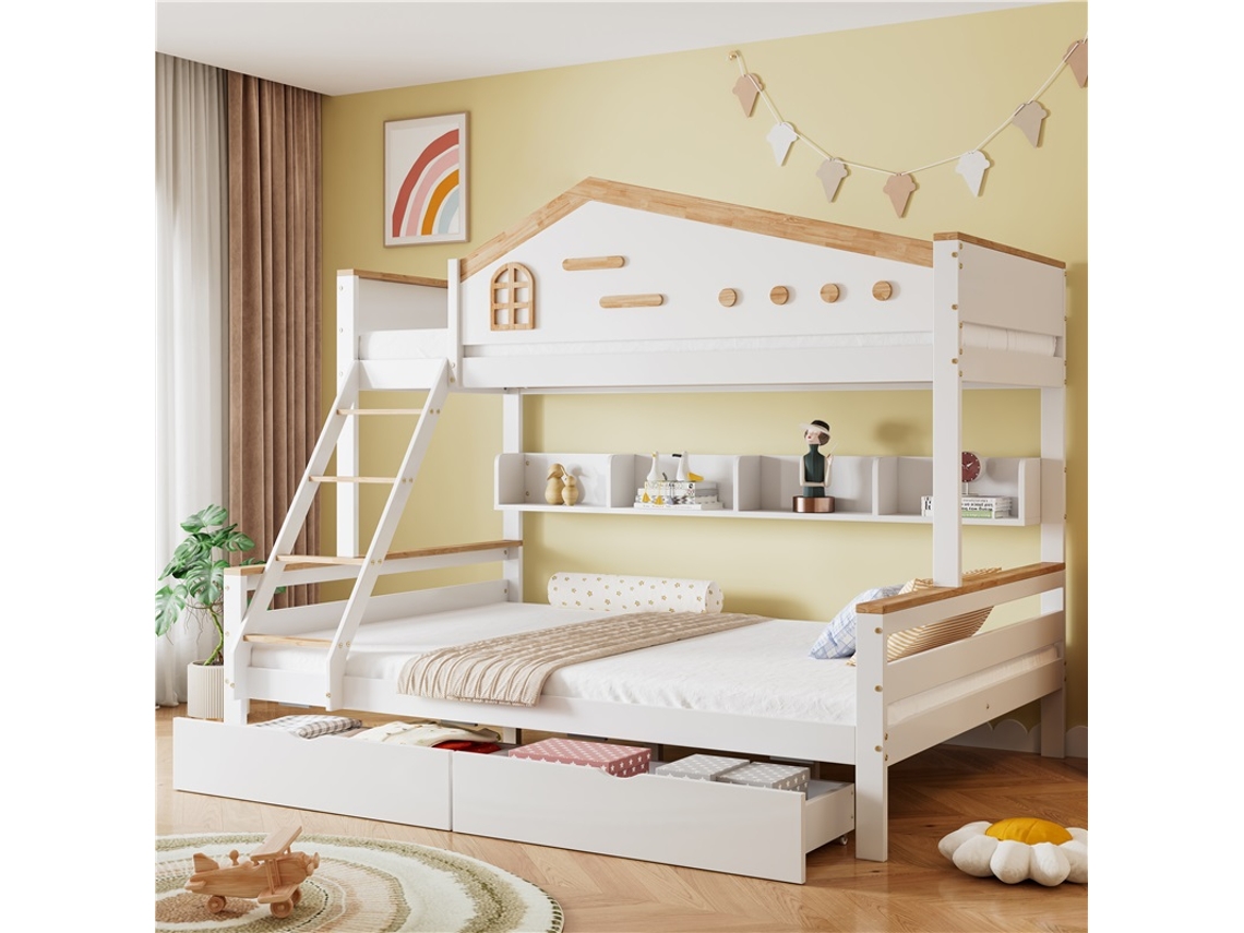 Beliche Infantil 90x200/140x200 Janela Gavetas Prateleiras Escada Branco