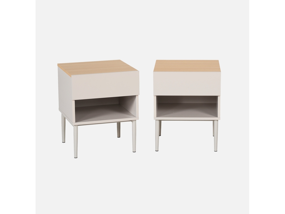 Mesa De Cabeceira Em Metal E Madeira, Set De 2, Bege