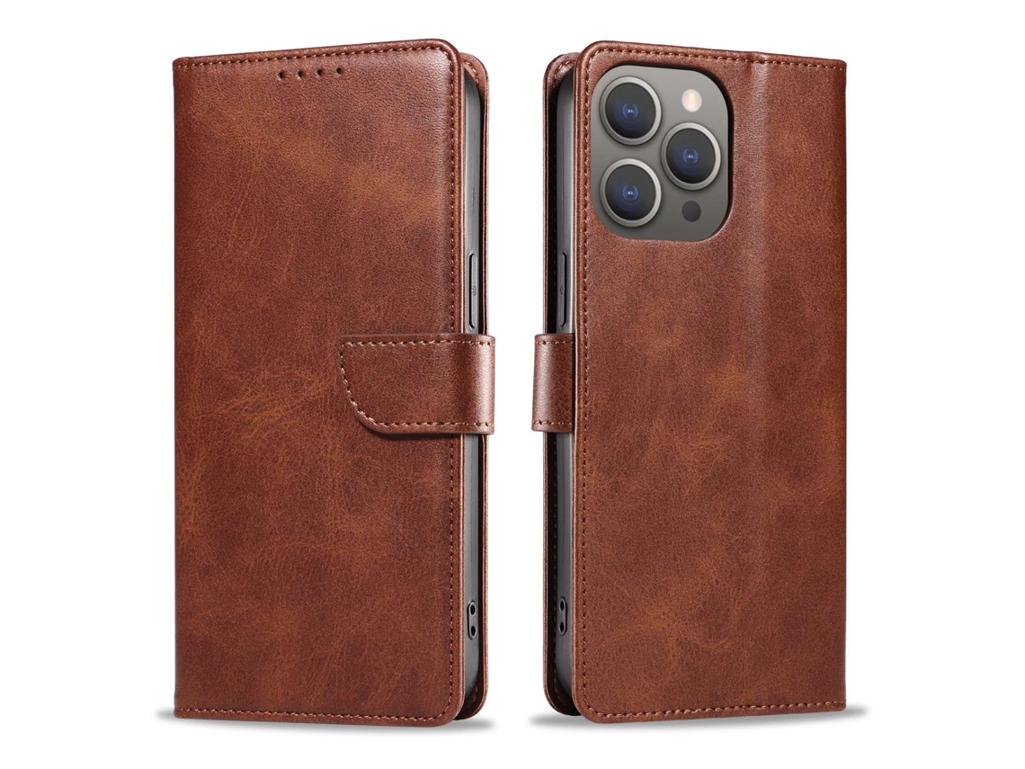 Capa Para Iphone 17 Em Couro Marrom, Estilo Flip, Imitando Pele De Bezerro.