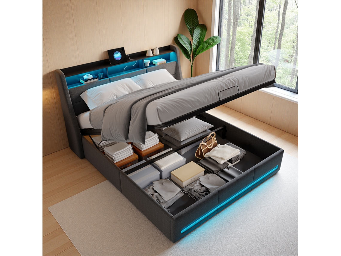 Cama De Casal 140 X 200 Cm, Cama Com Arrumação Hidráulica, Estofos Em Led, Faixas De Luz Na Cabeceira E Nos Pés Da Cama, Tecido De Linho, Cinzento