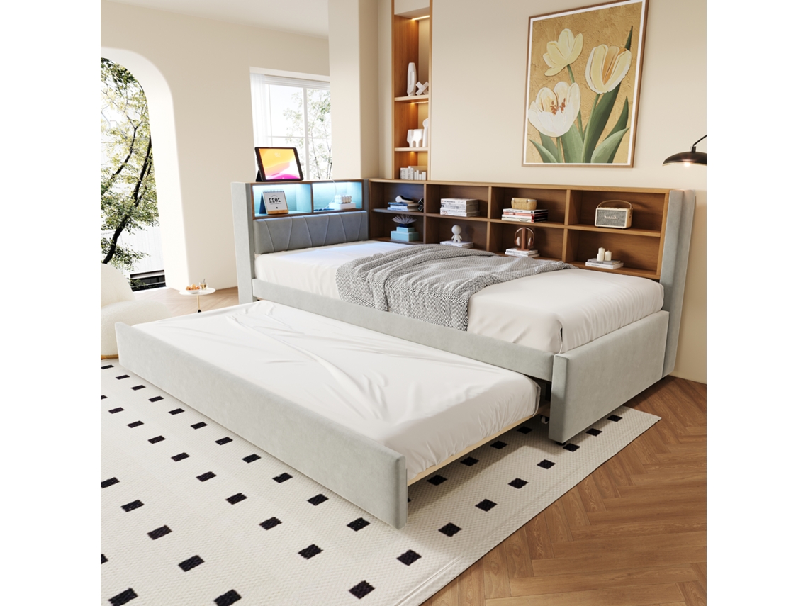 Sofá Cama 90x200 Com Led Tomadas Gavetas Poltrona Multifuncional Cinza Claro
