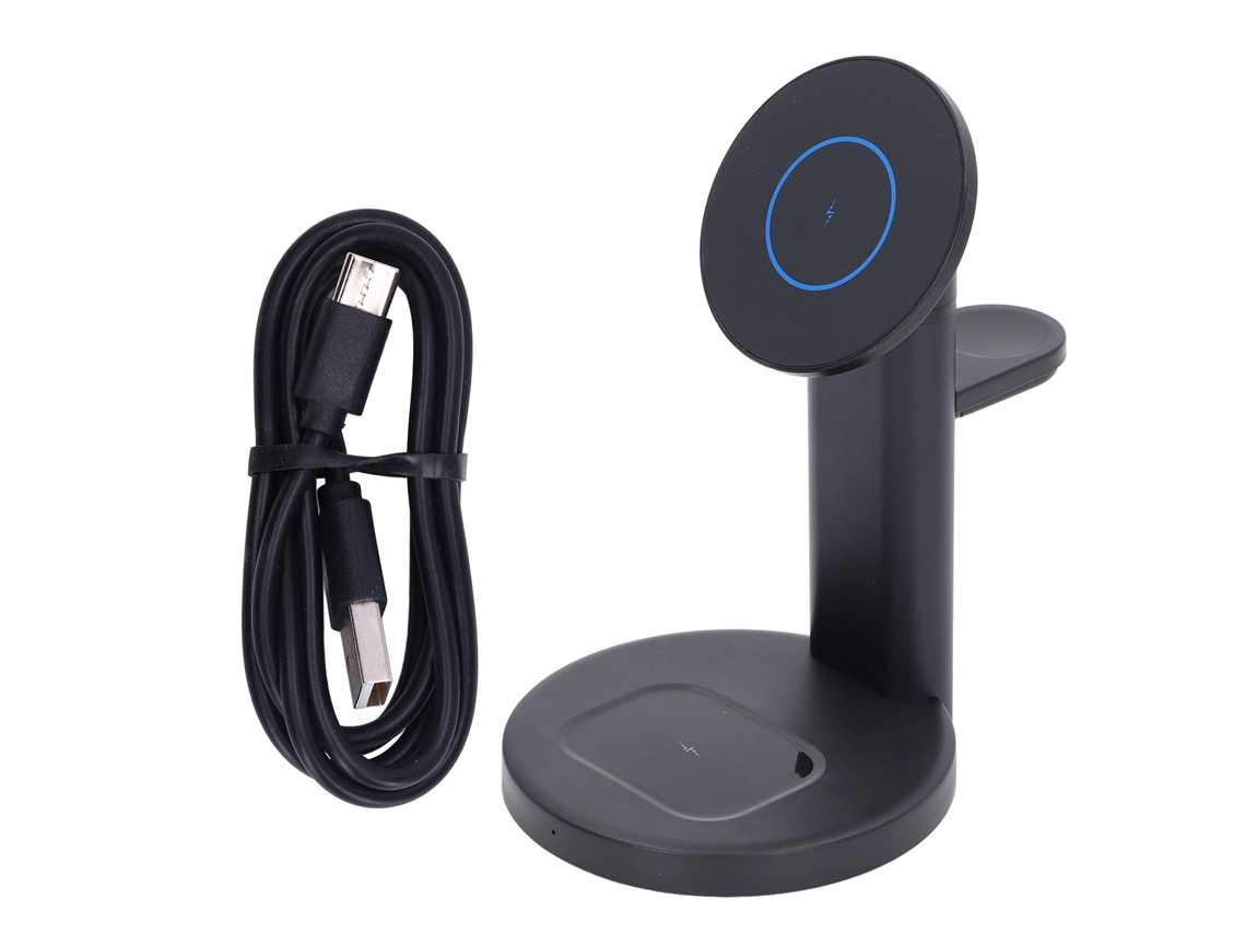Cargador Sem Fio Trío Magnético Preto de Carga Rápida Suporte de Escritório para Celulares