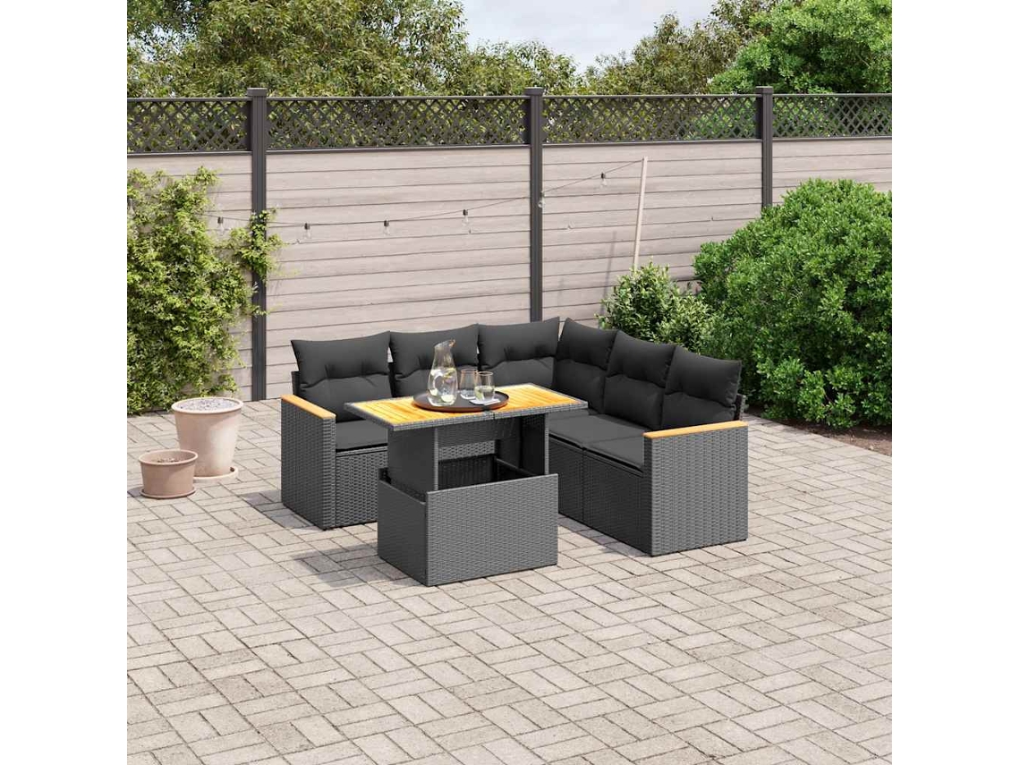 Vidaxl 6 Pcs Conjunto Sofás De Jardim C/ Almofadões Vime Pe Preto