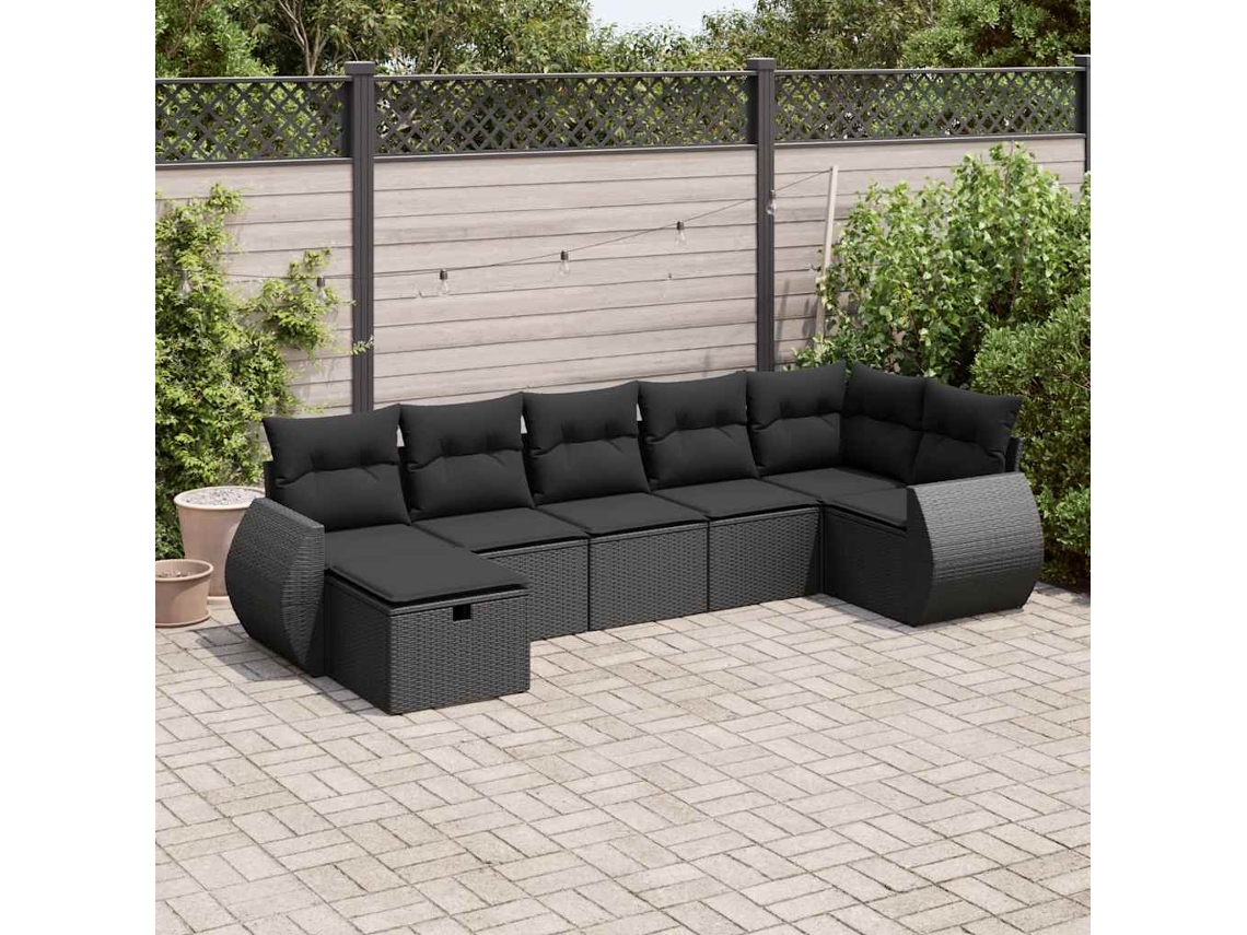 Vidaxl 7 Pcs Conjunto De Sofás P/ Jardim C/ Almofadões Vime Pe Preto