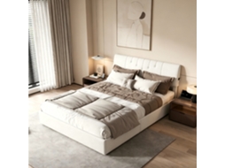 Cama casal com armazenamento acolchoado 140x190 cm, carregador USB, ripas, tecido peludo branco | ROSAHQNDA