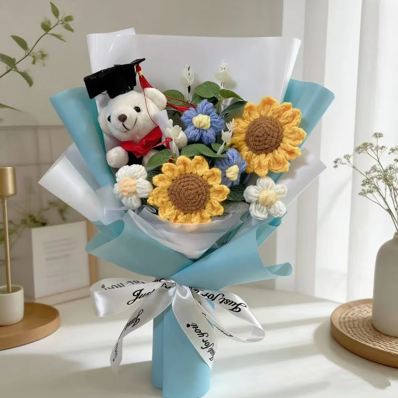 (azul 32cm) Urso De Pelúcia Com Chapéu De Formatura E Buquê Criativo De Girassóis Artificiais Feito À Mão