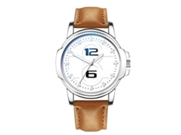 Relógio de pulso masculino com pulseira de couro, mostrador redondo, movimento analógico de quartzo (marrom claro e branco)