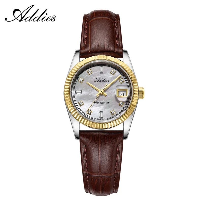 (dourado, Prateado E Em Couro) Relógio Feminino De Quartzo Com Cristal De Safira De 28 Mm, Resistente À Água Até 50 M.