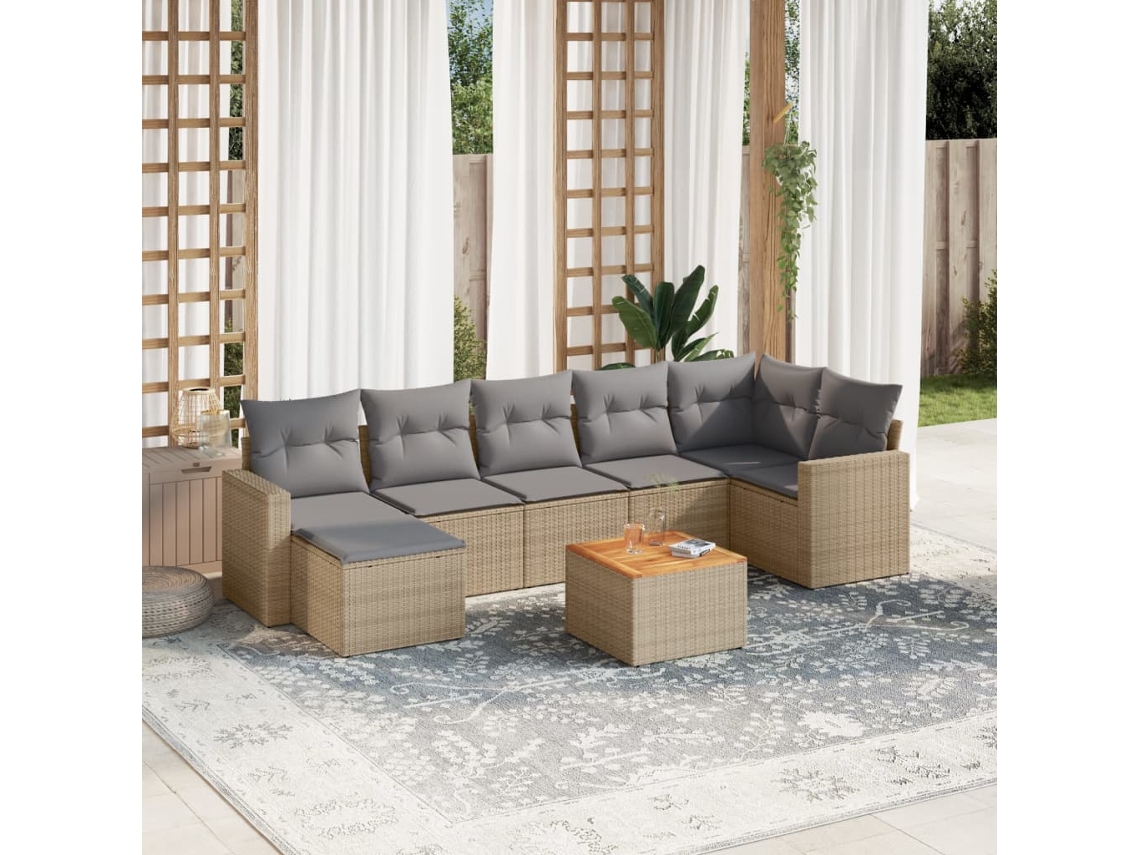 Vidaxl 8 Pcs Conjunto De Sofás P/ Jardim Com Almofadões Vime Pe Bege