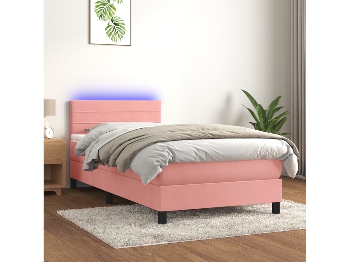 Cama Box Spring C/ Colchão/led 100x200 Cm Veludo Rosa