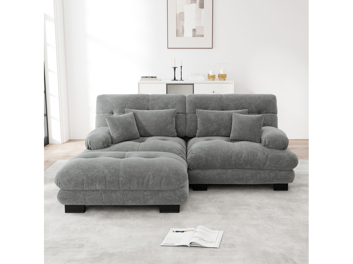 Sofá Cloud 2 Lugares - Chenille Com 2 Almofadas Lombares, 2 Almofadas Decorativas, Braços Largos E Otomano - Cinza