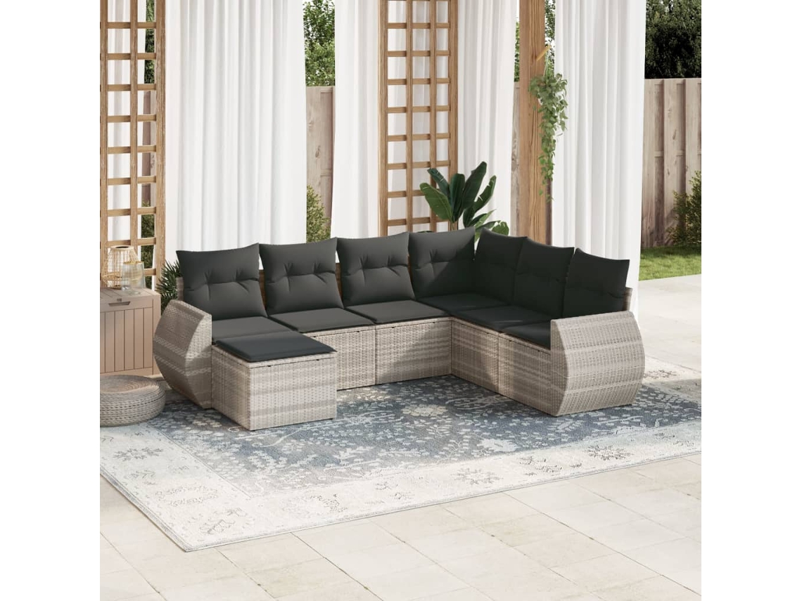 Vidaxl 7 Pcs Conj. Sofás Jardim Com Almofadões Vime Pe Cinzento-claro