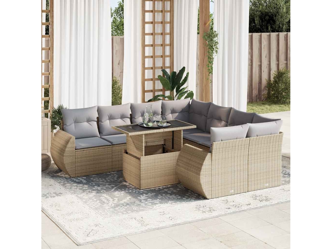 Vidaxl 9 Pcs Conjunto De Sofás P/ Jardim Com Almofadões Vime Pe Bege