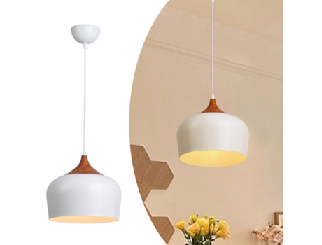 Candeeiro Suspenso Moderno 35 Cm Tambor De Madeira E Cúpula Industrial Branca, E27 Alpinaluz