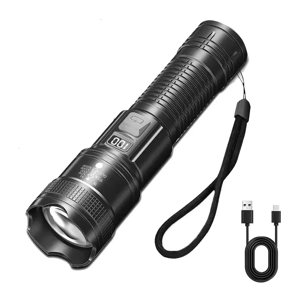 Lanterna Tática Led Recarregável Via Usb de Alta Potência com 100.000 Lúmens, com Feixe Reverso e Função de Zoom. MDUG