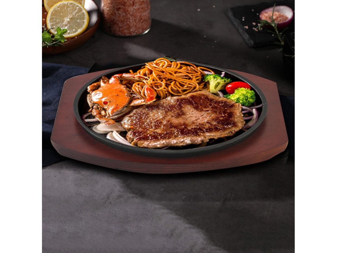 Grelha de Ferro Fundido com Fundo de Madeira, Adequada para Grelhar Carnes e Frutos do Mar em Casa Ou em um Restaurante. MDUG (19 Cm)