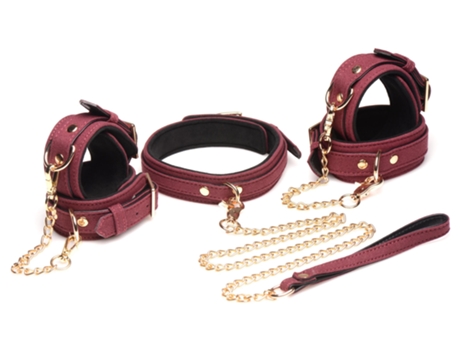 Juego De Esposas De Ante Bdsm De 6 Piezas Con Cuello Y Correa - Burdeos