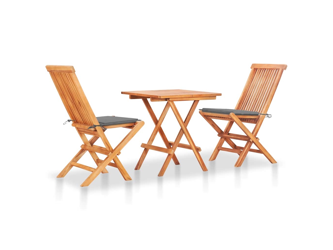 Vidaxl Conjunto Bistrô C/ Almofadões Cinzentos 3 Pcs Teca Maciça