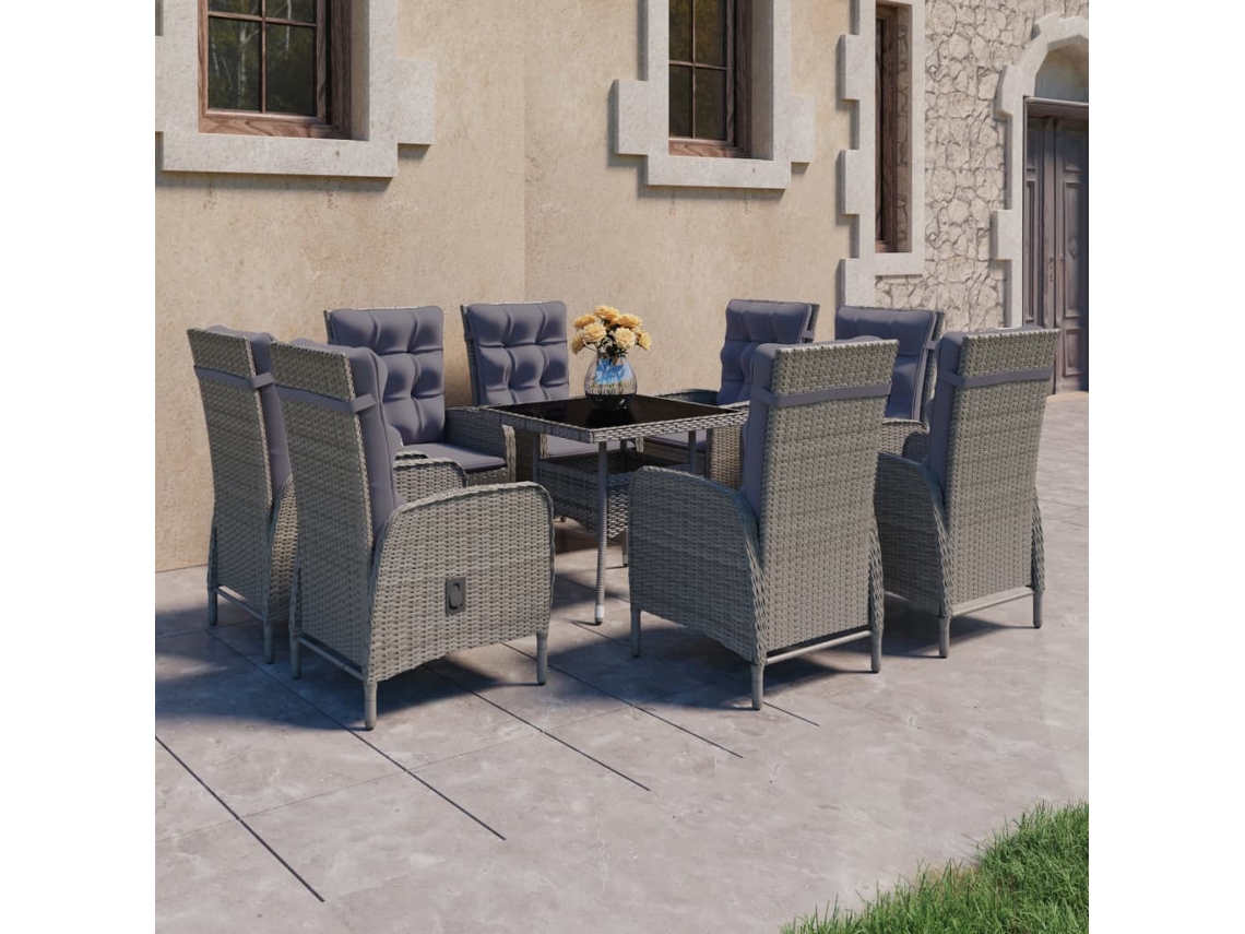 Vidaxl 9 Pcs Conjunto De Jantar Para Jardim Vime Pe E Vidro Cinzento