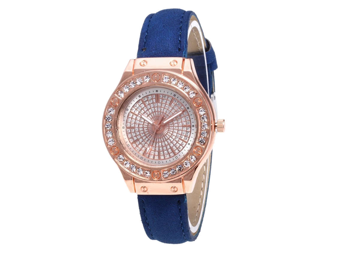 Relógio de Pulso Feminino de Quartzo com Pulseira de Couro Pu e Strass Azul Royal