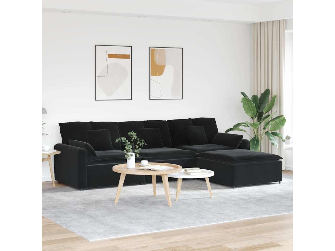 Vidaxl Sofá Modular Com Pufes E Almofadas Preto