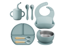 Conjunto de Alimentação para Bebê em Silicone, 8 Peças, Incluindo Prato, Tigela, Babador, Colher e Garfo Azul PANOONA