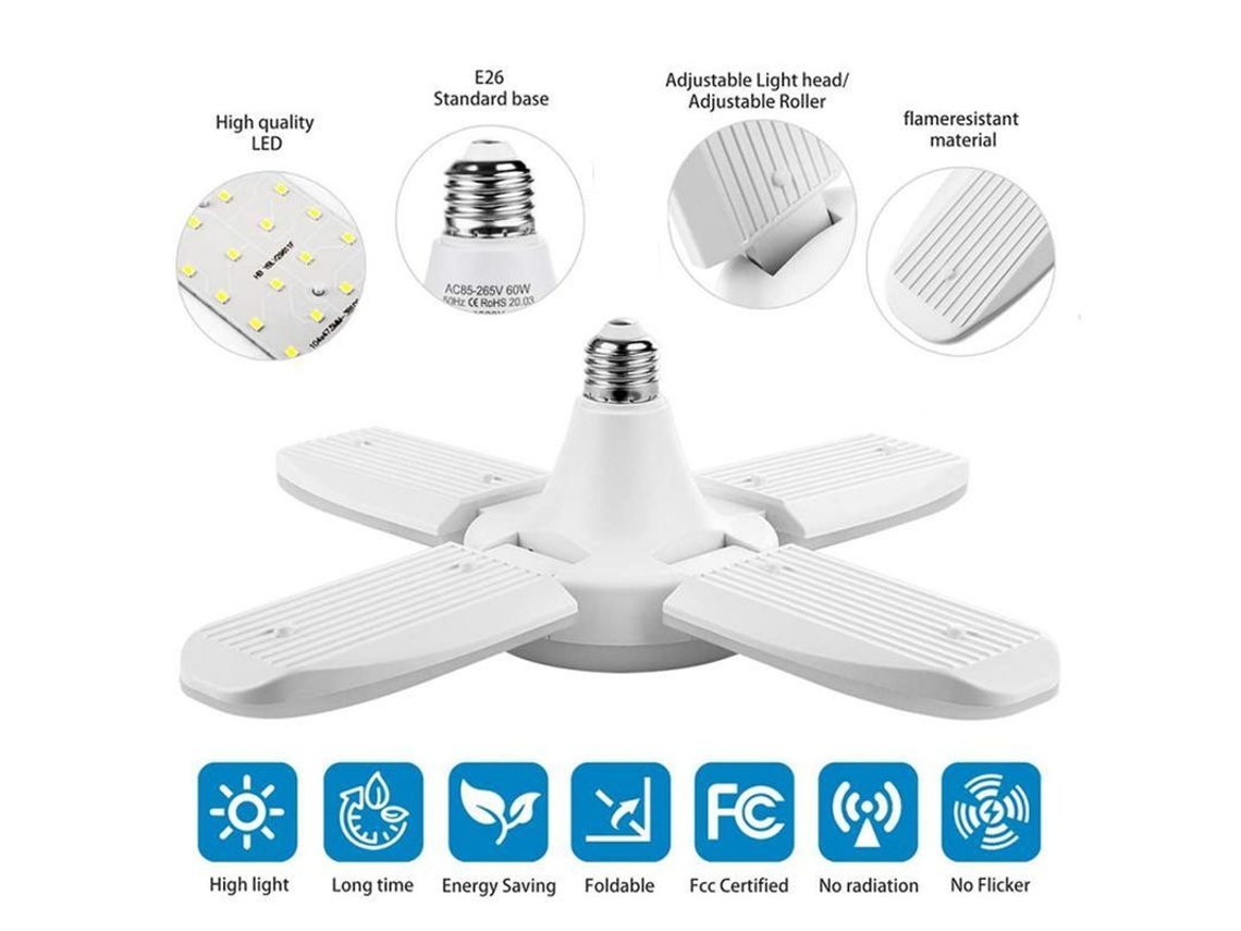 Lâmpada Led E26 38w Pasta Quatro Folhas Deformável Para Garagem Loja Lar