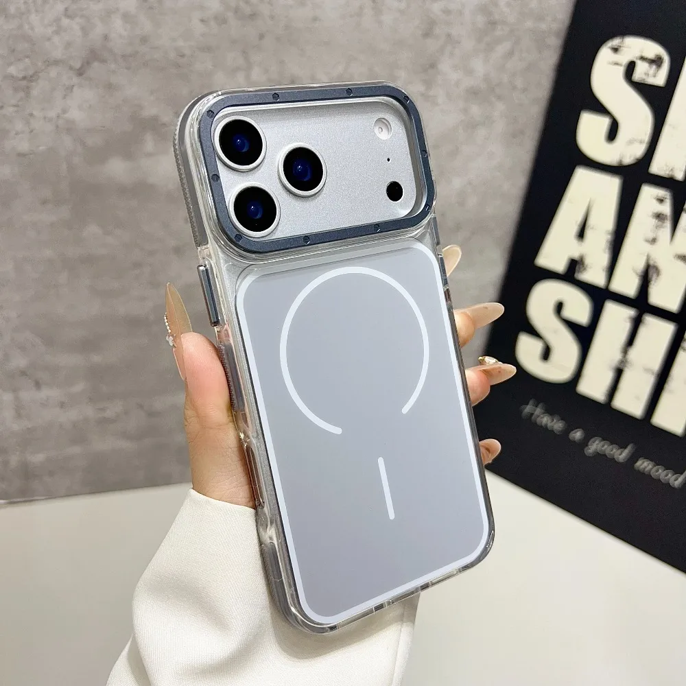 (iphone 17, Cinza) Capa Transparente Com Moldura Para Iphone, Compatível Com A Tampa Traseira Magnética Magsafe.