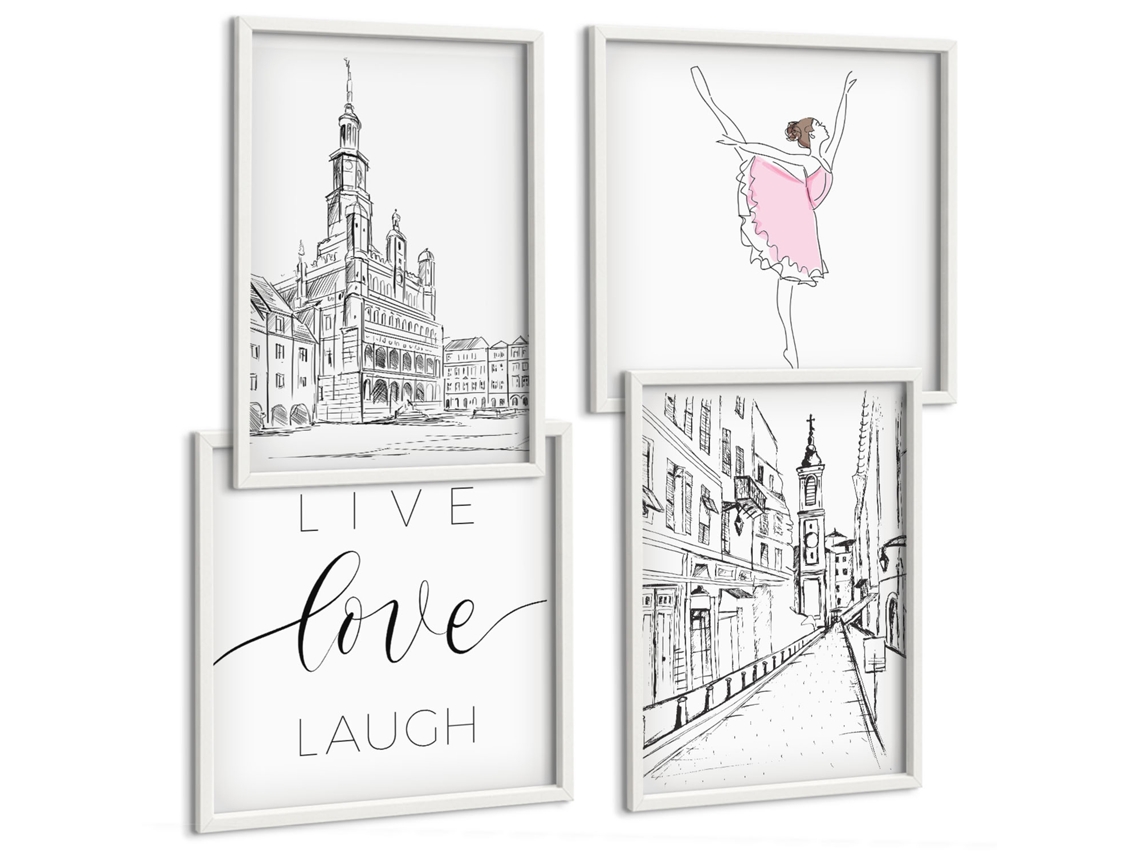 Pinturas Murais Modernas Bailarinas Estilosas E Arquitetura Moldura Branca Quadros Para O Escritório Espelharte (conjunto De 4 Imagens)