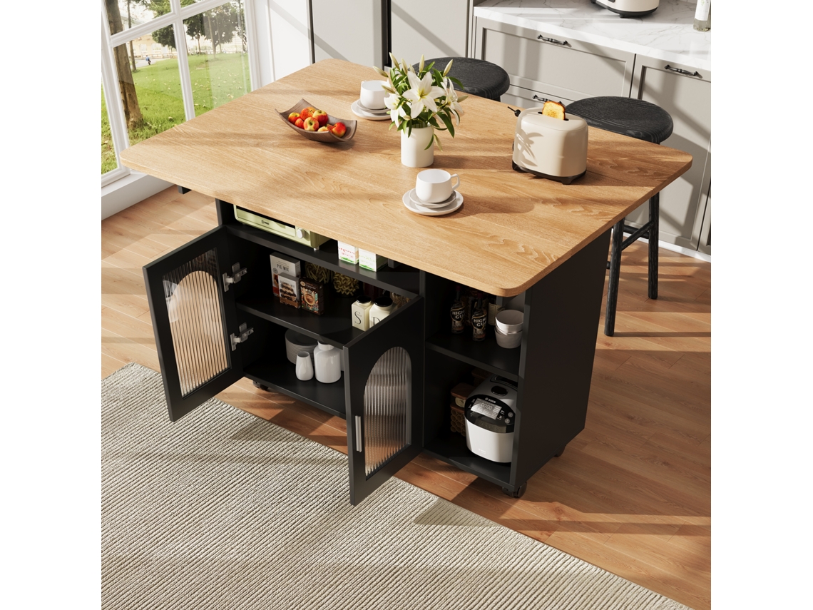 Cozinha Modular Preta Com Carrinho Removível, Buffet E Armário, Ilha Com Mesa E Espaço De Armazenamento Bga Store