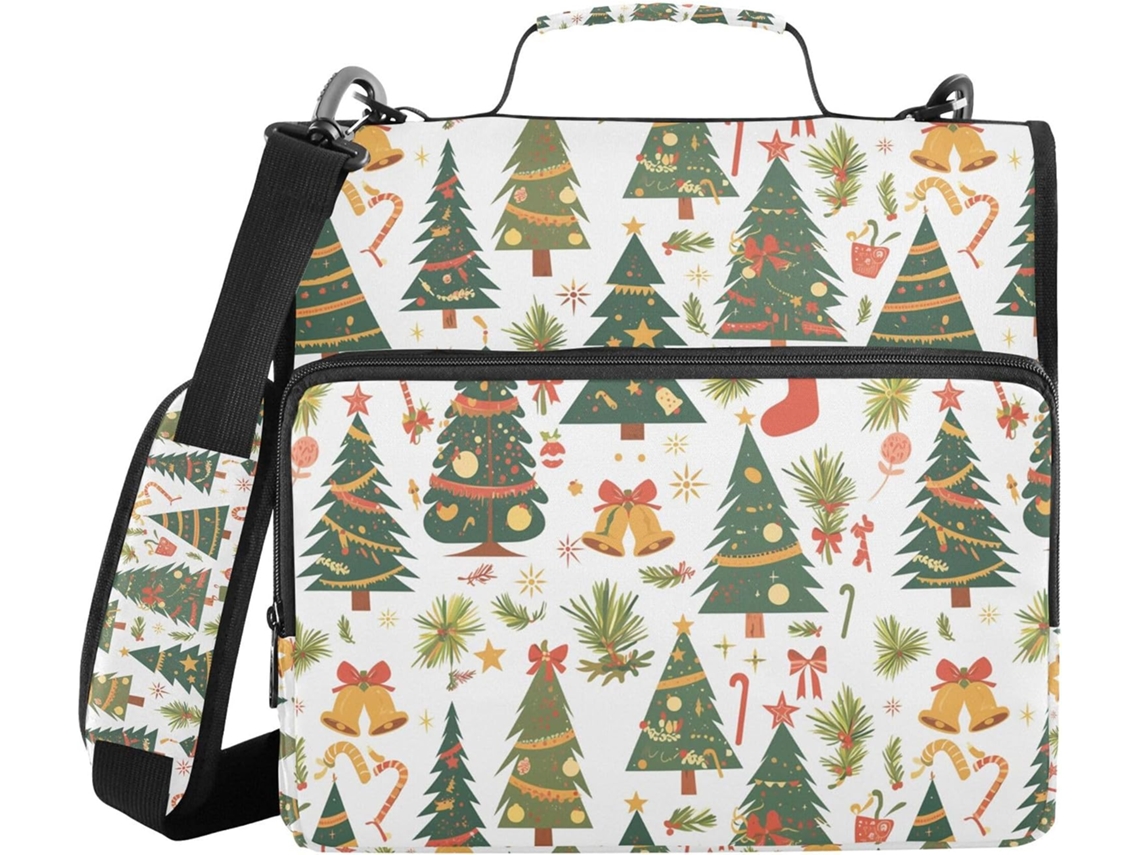 Organizador de documentos com estampa de árvore de Natal, para usar no ombro ou no corpo, diversos modelos de bolsas de 3,8 cm, bolsa com 3 fechos.