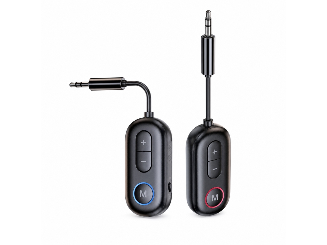 Adaptador de áudio Bluetooth 5.4 com transmissor e receptor auxiliar de 3,5 mm para carros, monitores e colunas de som.