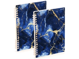 Conjunto de 2 Cadernos Espiral Pautados, 21,1 X 14,5 Cm, com Textura Irregular Mármore, Azul e Dourado, Format