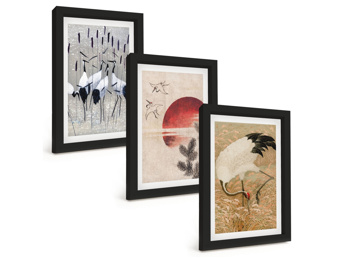 Composição De Quadros Garças Japonesas, Paisagem Espelharte (3 Peças 20x30 Cm)